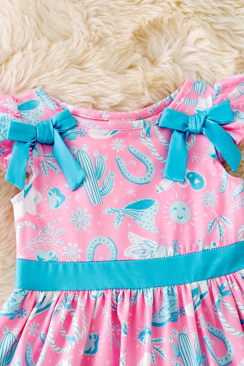 Turquoise and blue western printed girls dress with side bows