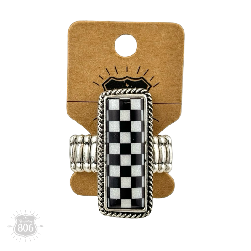Checkerboard print stretch ring: White