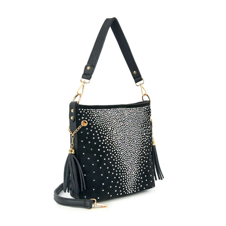 Stunning Iridescent Rhinestone Design Hobo Crossbody: Black