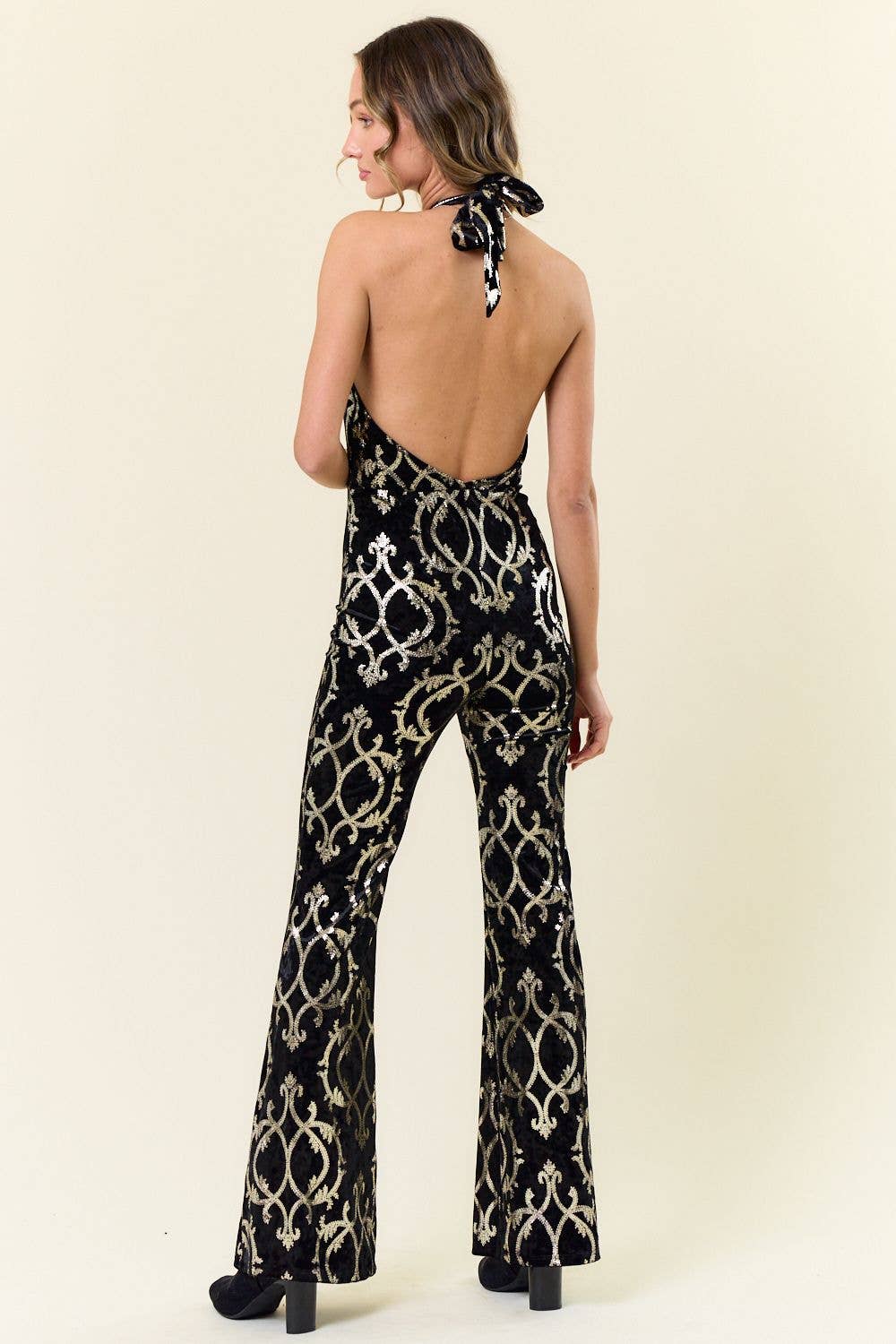 FOIL PRINT VELVET HALTER NECK JUMPSUIT