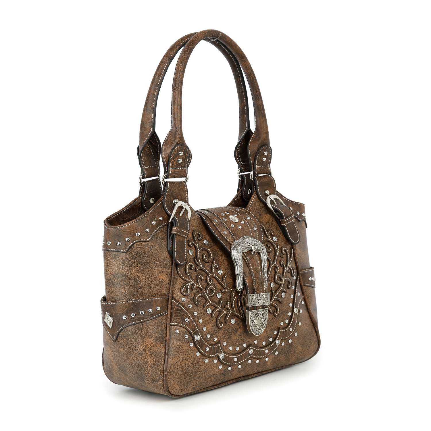 Western Buckle Design Embroidered Shoulder Bag: Brown