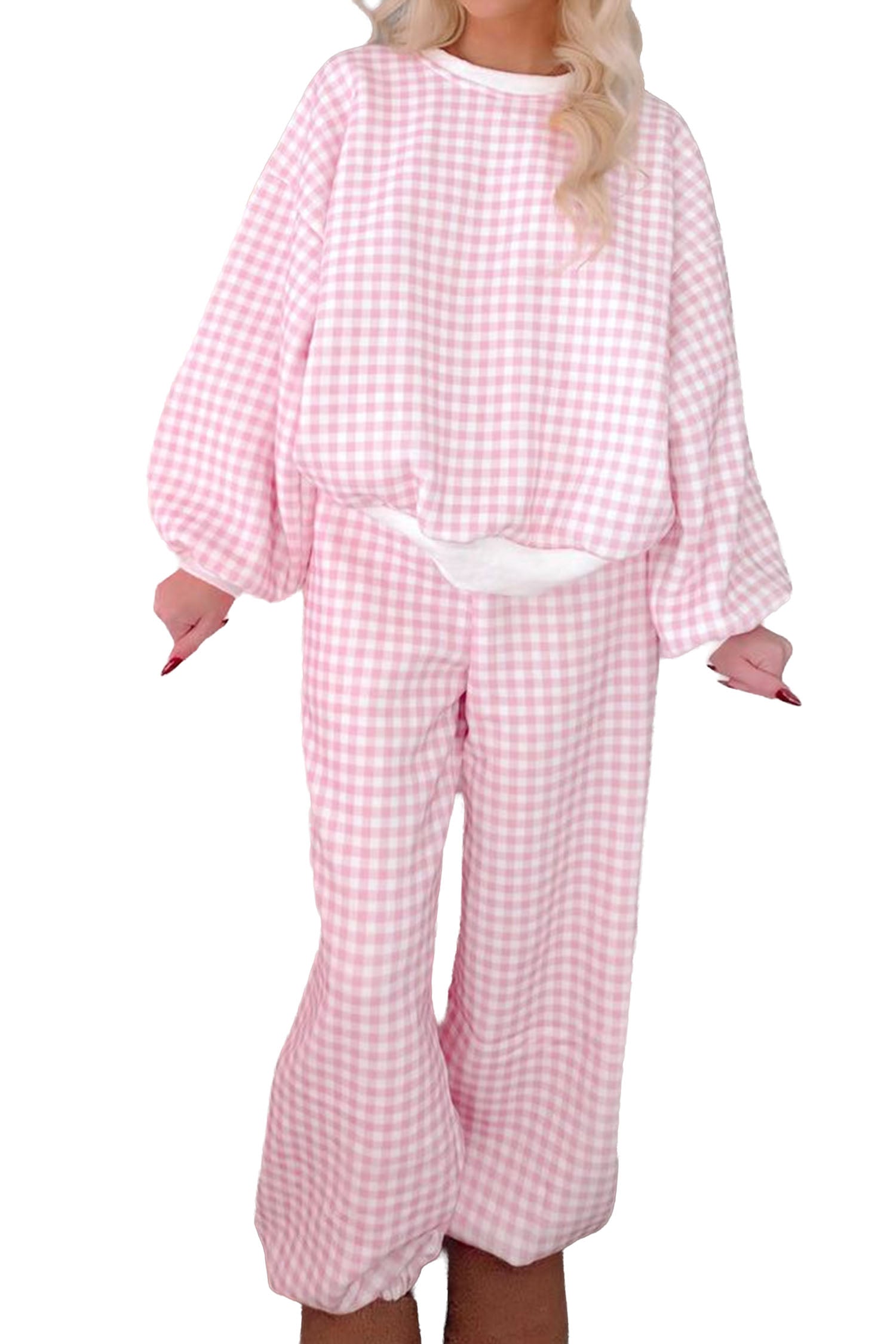 Pink Plaid Long Sleeve Two Piece Pant Set