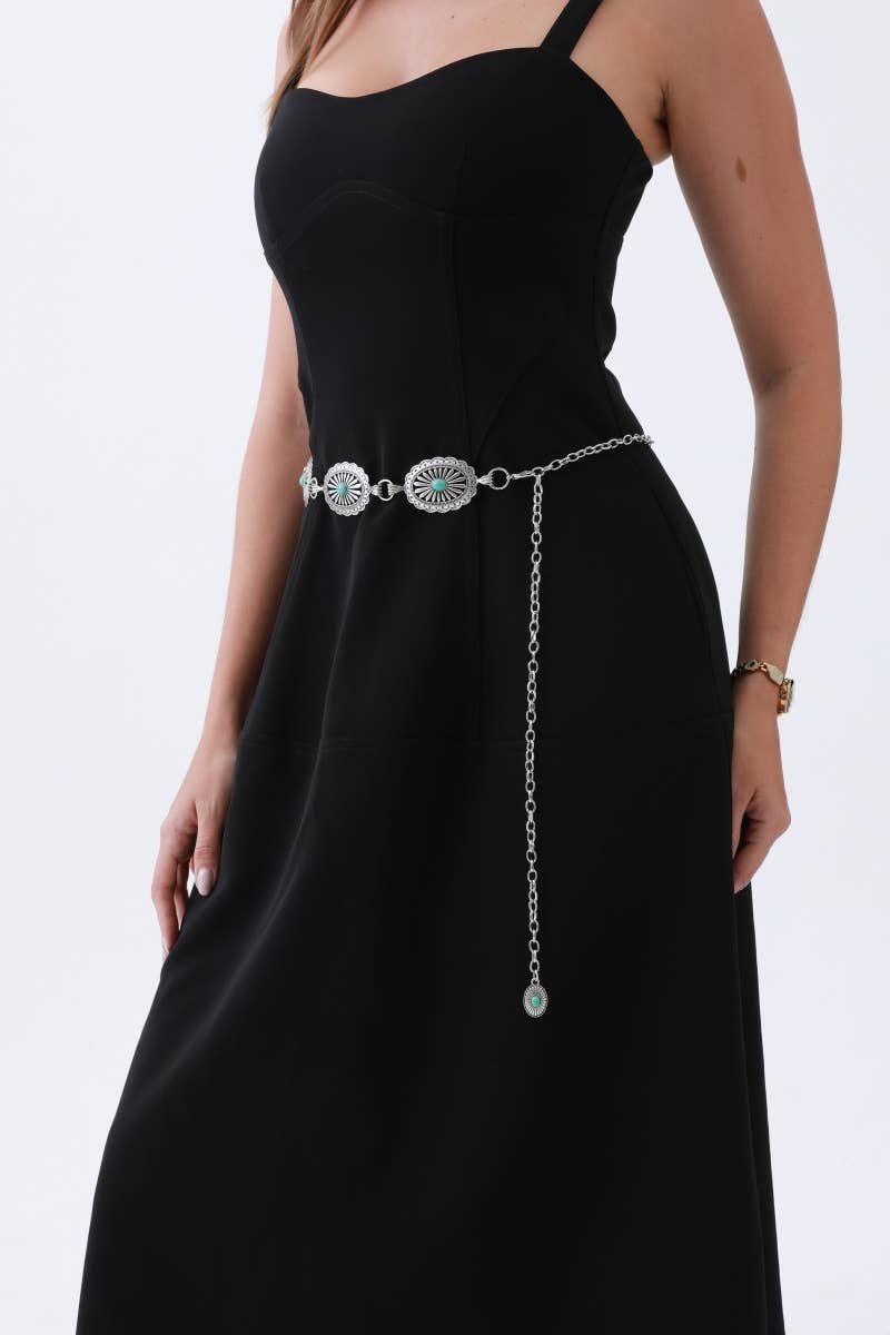 Vintage Turquoise Chain Belt – Classic Western Elegance: Antique Silver