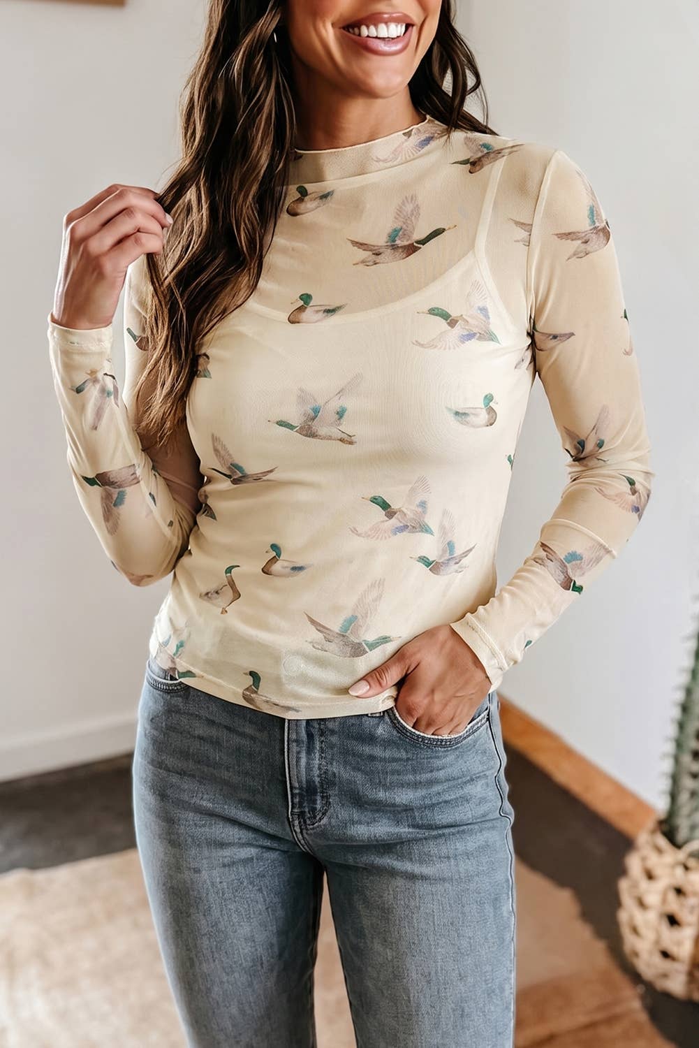 Western Mock Neck Print Mesh Sheer Long Sleeve Top