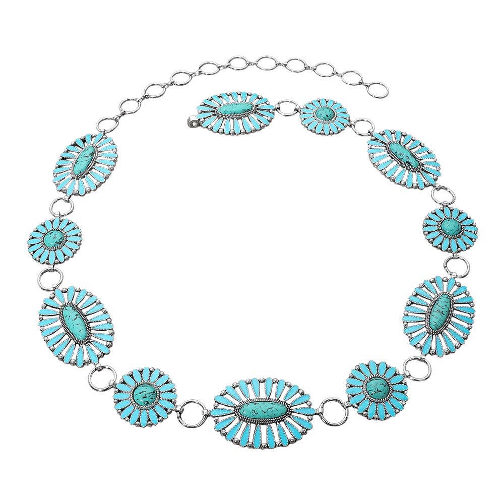 Boho Vintage Western Oval Round Stone Concho Chain Belt: Turquoise