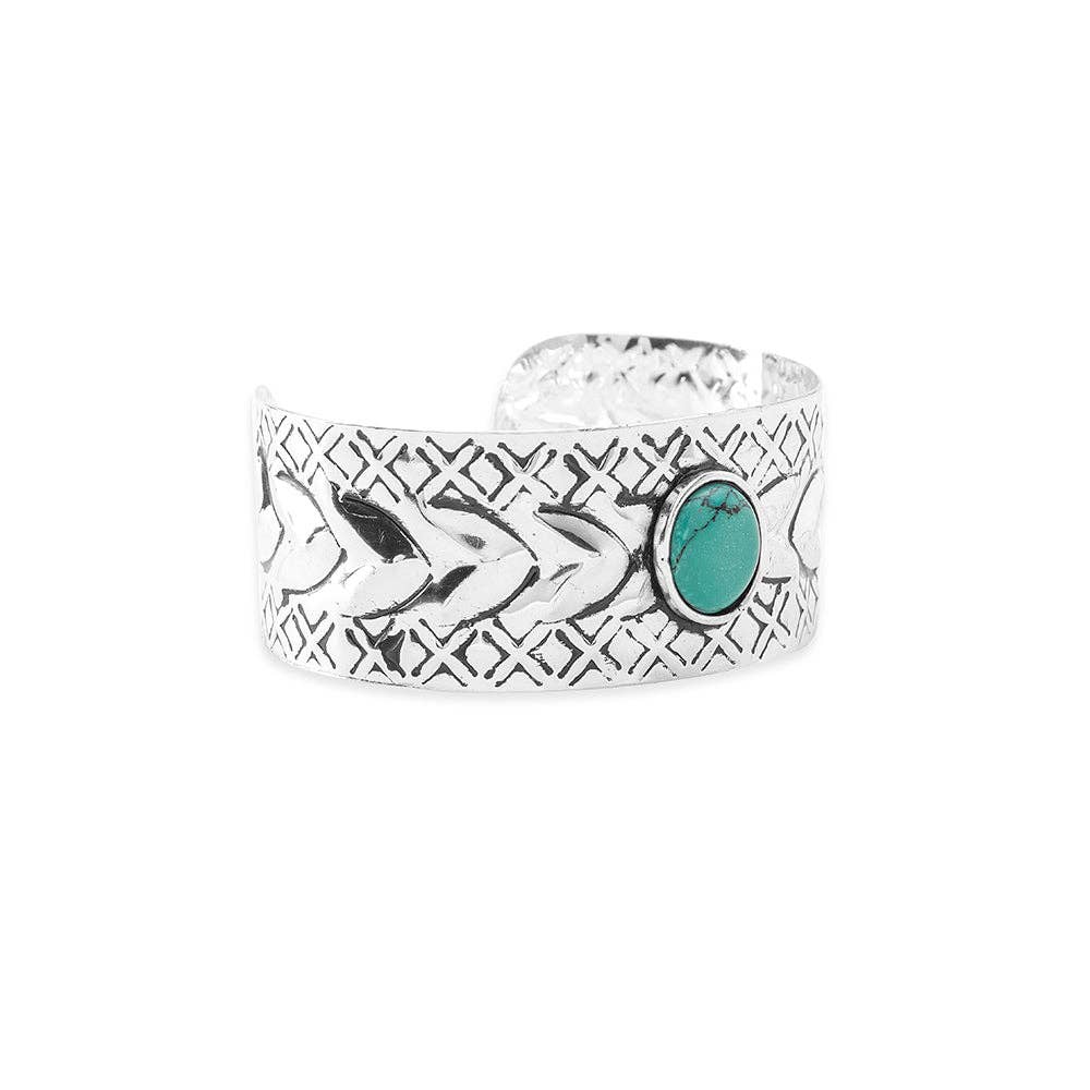 Prairie Winds Silver Turquoise Cuff Bracelet With Hand Stamped Tribal Design