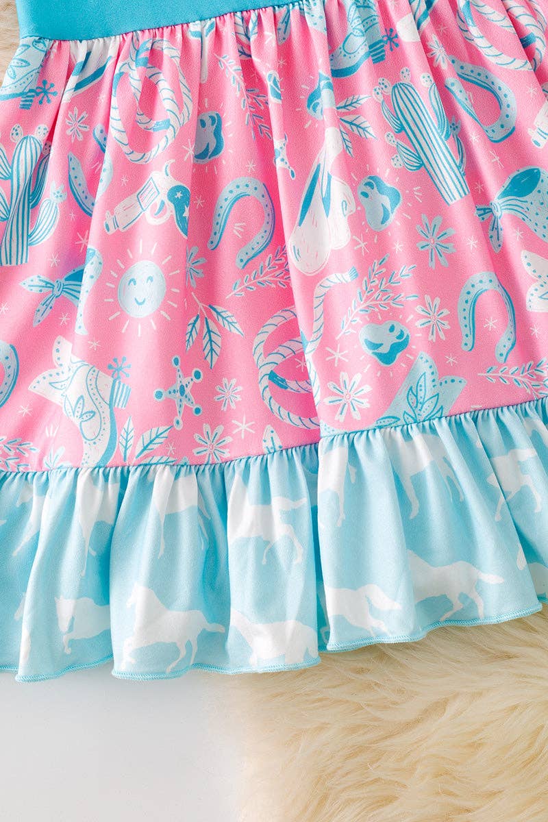 Turquoise and blue western printed girls dress with side bows