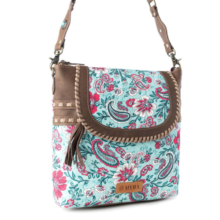 Myra Bag Lagoon Lily upcycled canvas Bag for Women in blue with leather and weaved flap