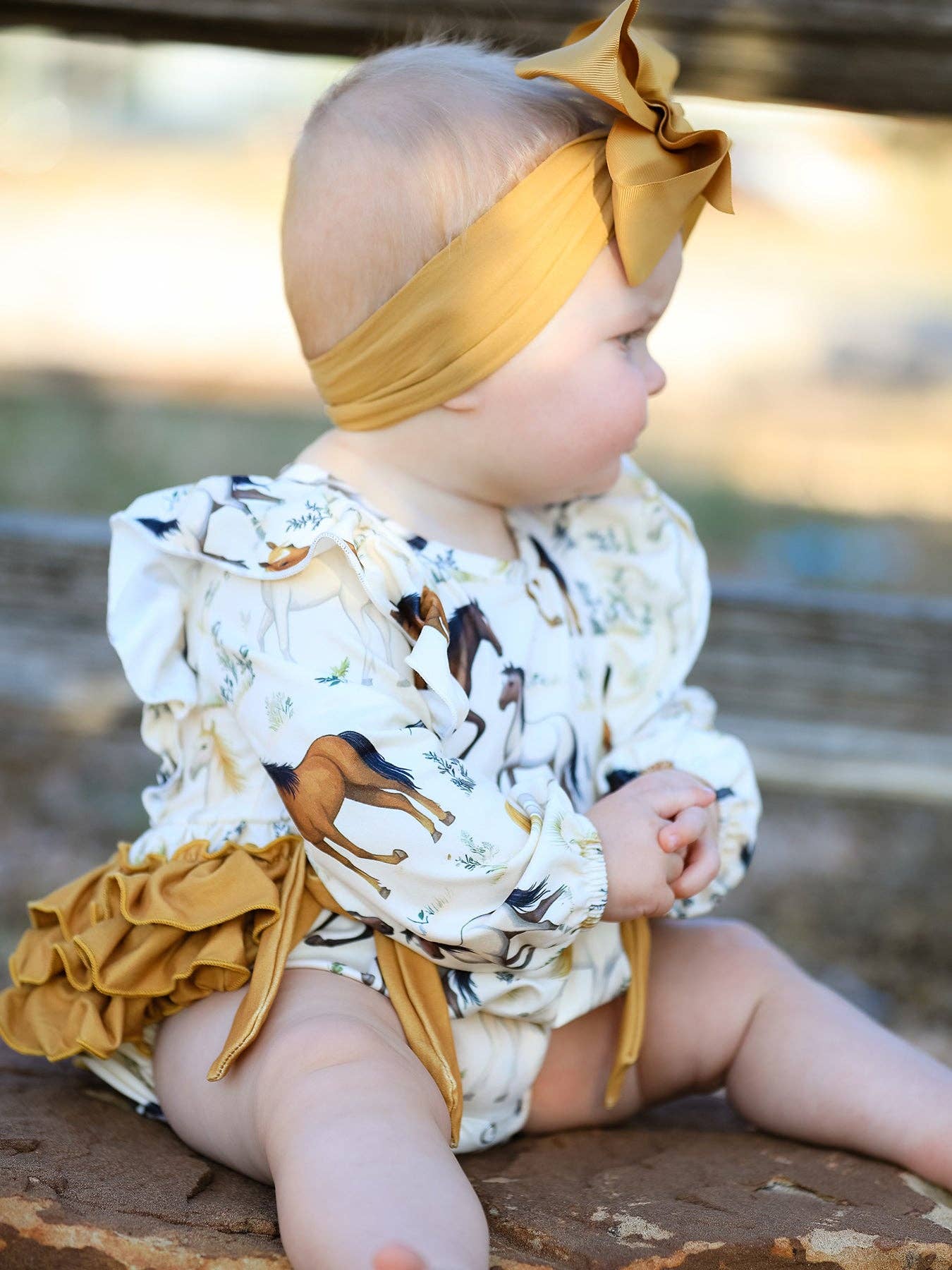 Western Horse Print Girls Long Sleeve Romper With Bow Ruffle