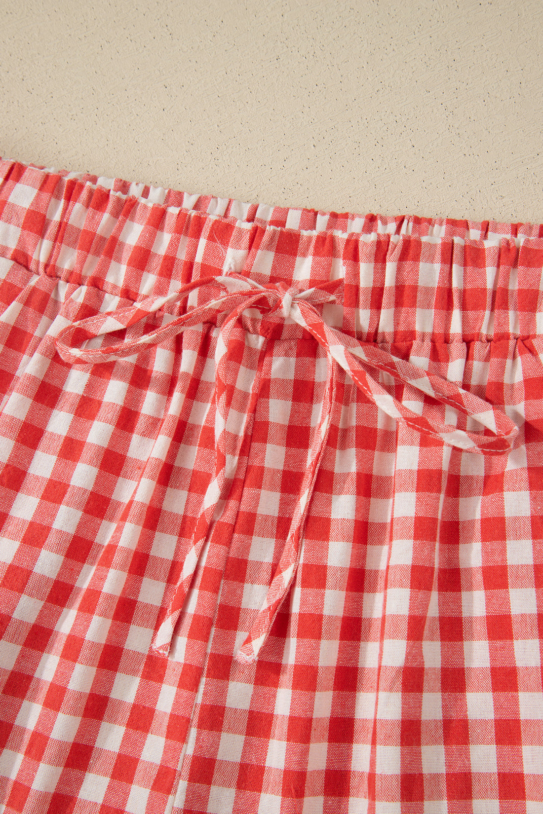 Red Gingham Plaid Tie Elastic Waist Lace Patchwork Hem Casual Shorts