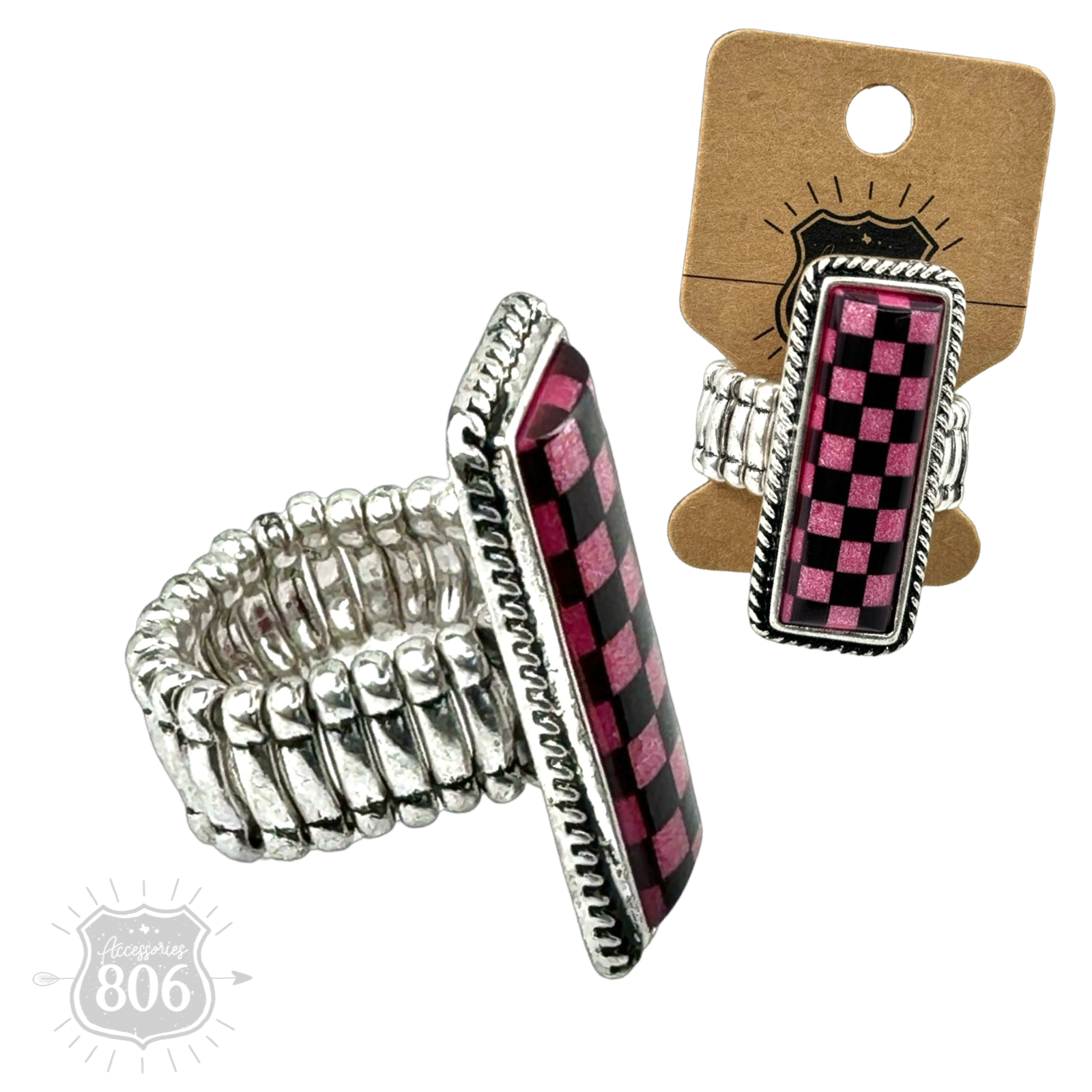 Checkerboard print stretch ring: Pink