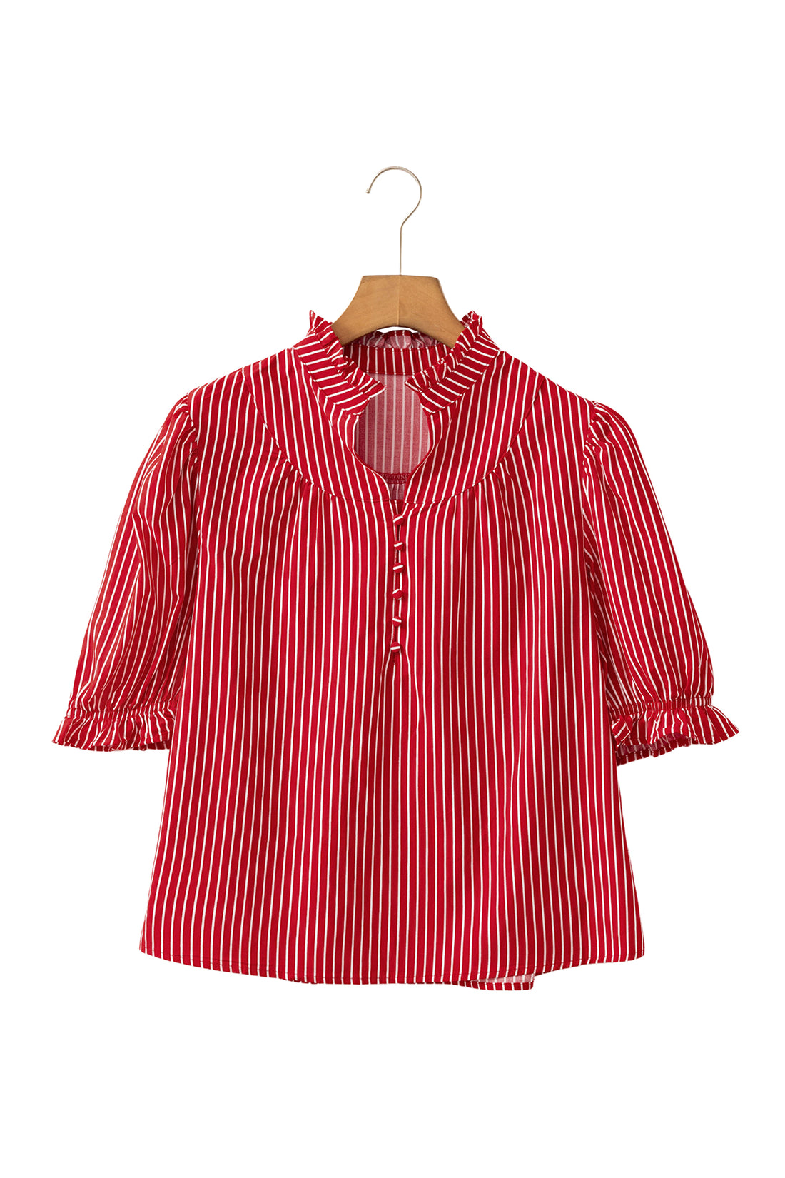 Red Stripe Ruffled Short Puff Sleeve Button Front Blouse