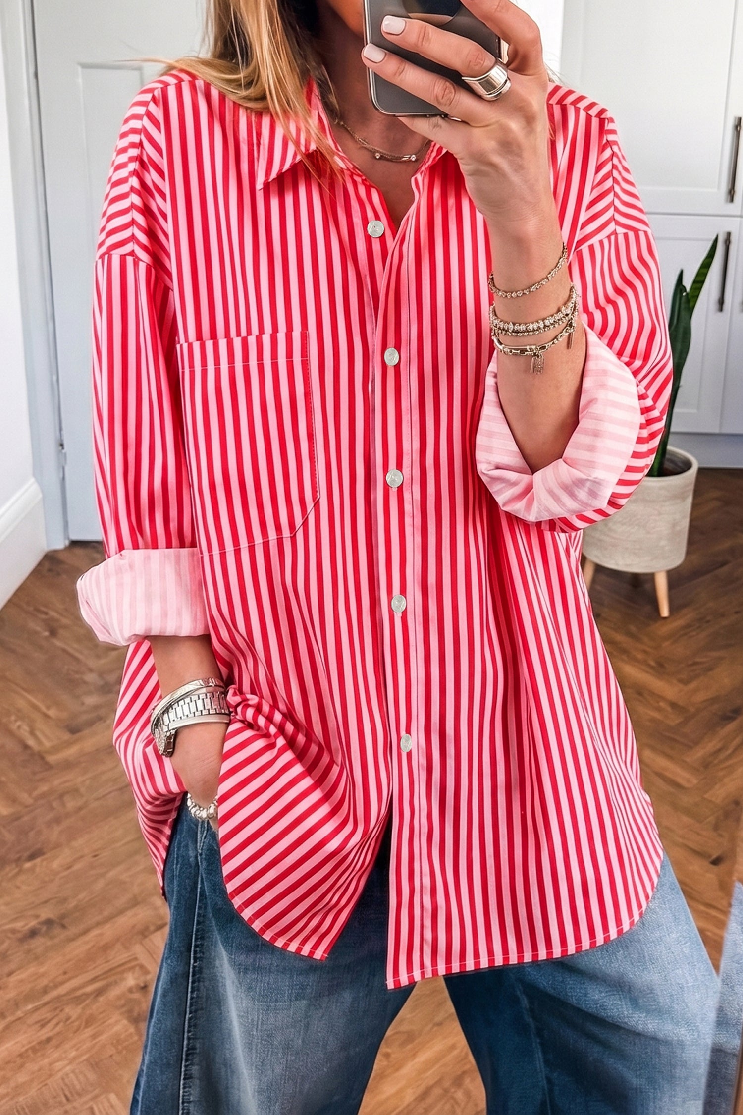 Red Stripe Button-Up Shirt Long Sleeve Patch Pocket Casual Shirt