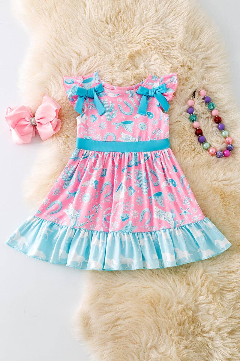 Turquoise and blue western printed girls dress with side bows