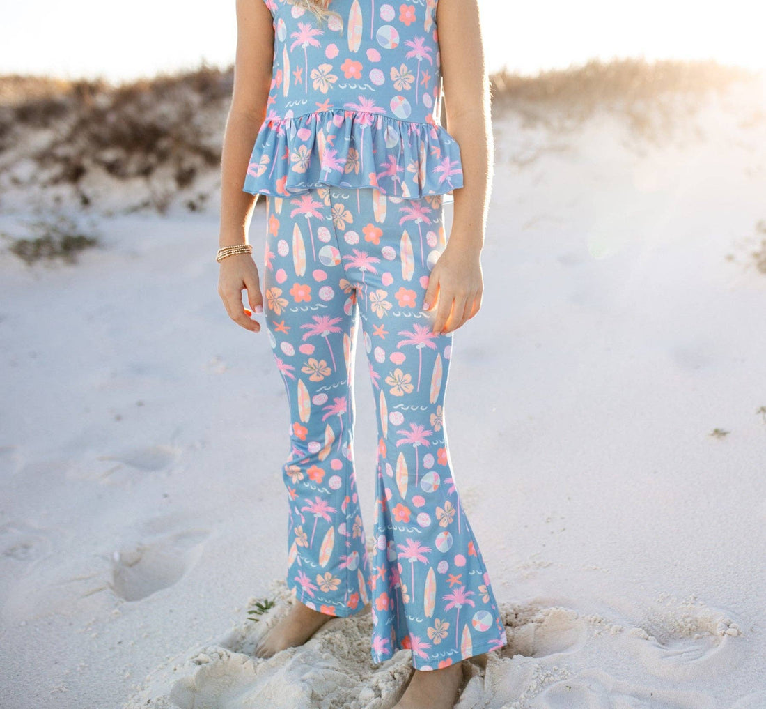 Kids Dusty Blue & Pink Summer Surf Print Flare Pant Set: 2