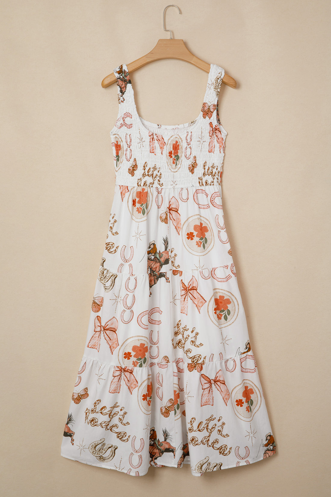 White Western Horseshoe Print U-Neck Sleeveless Midi Dress