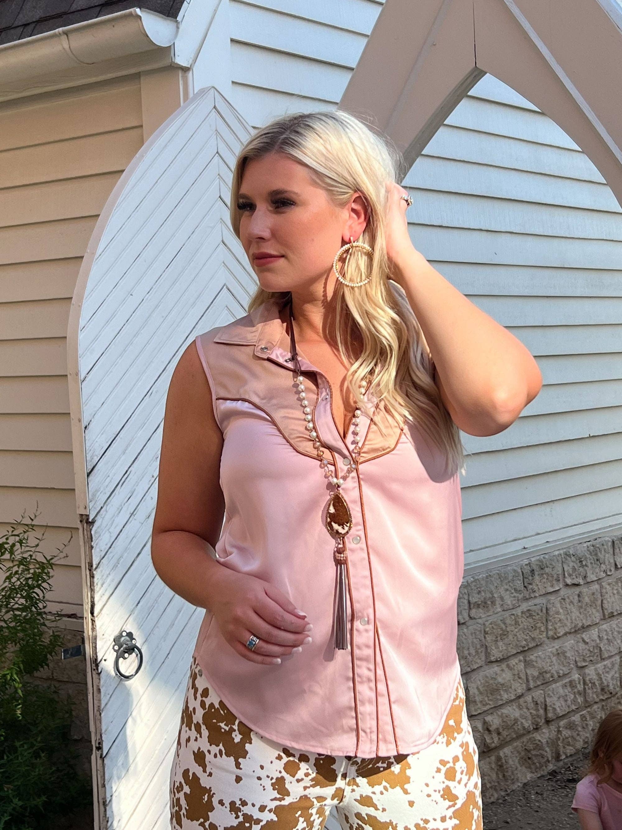Sleeveless Satin Fringe Top