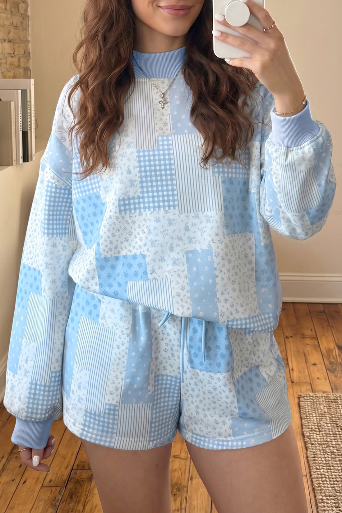 Light Pink Patchwork Floral Print Drop Shoulder Baggy Pullover Drawstring Shorts Set