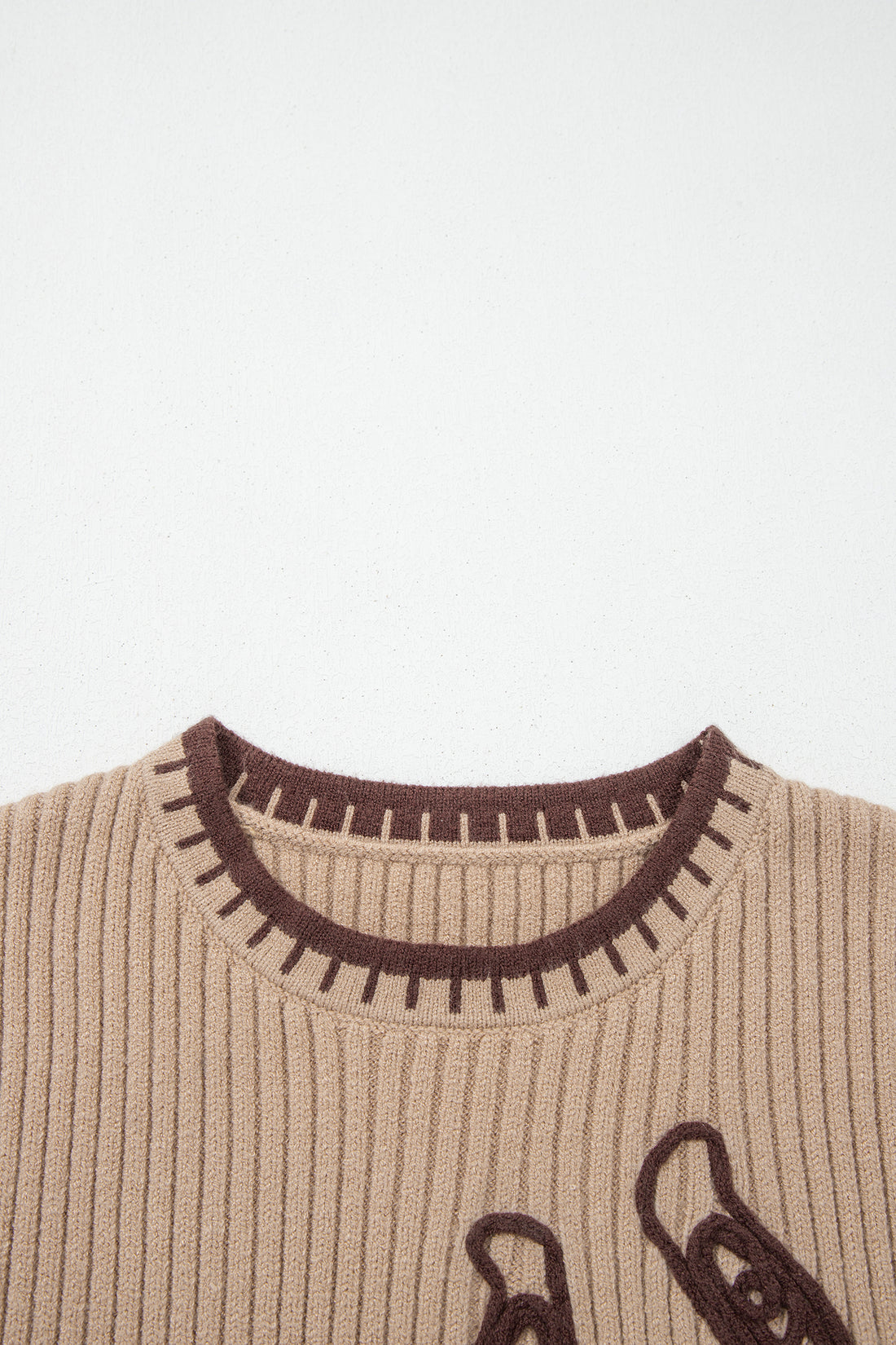 Light French Beige Ribbed Knit Contrast Trim Round Neck Horseshoe Sweater Vest