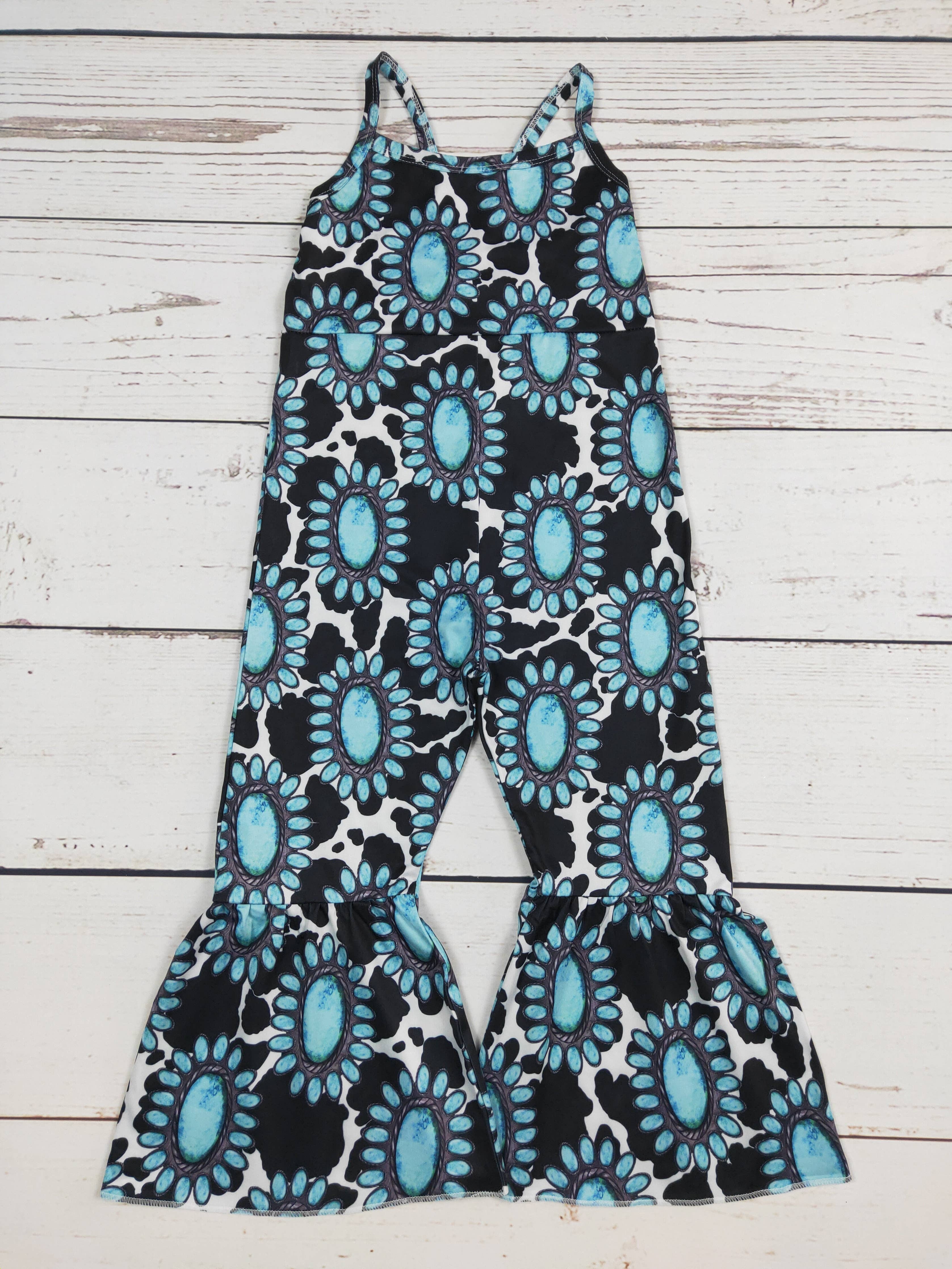 Turquoise Cow Printed Baby Girls Jumpsuit