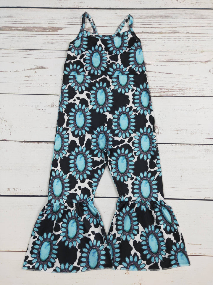 Turquoise Cow Printed Baby Girls Jumpsuit