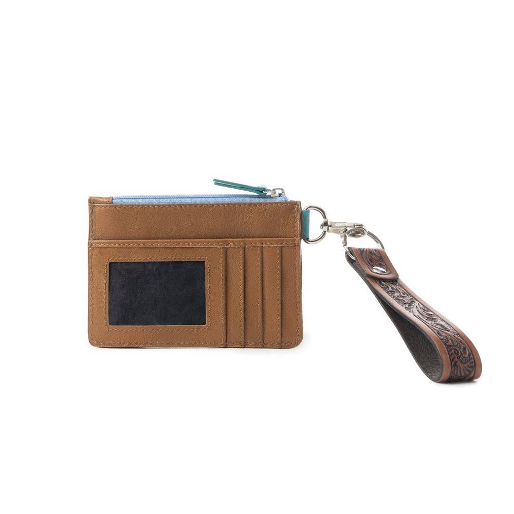 Dark Brown Tooled Leather Slim Card Holder With Cactus Design And ID Window
