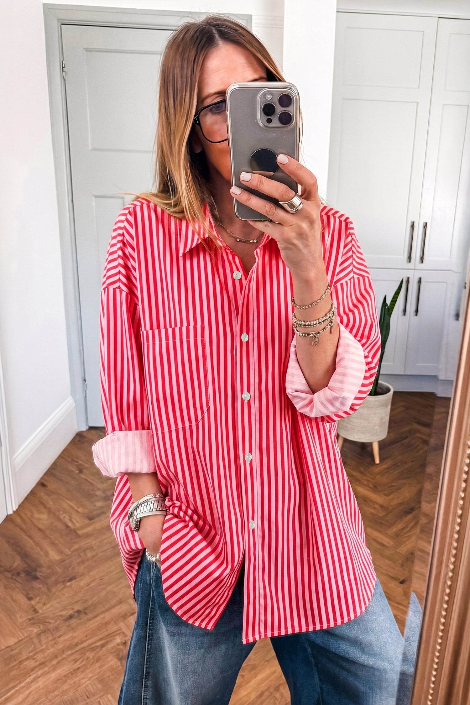 Red Stripe Button-Up Shirt Long Sleeve Patch Pocket Casual Shirt