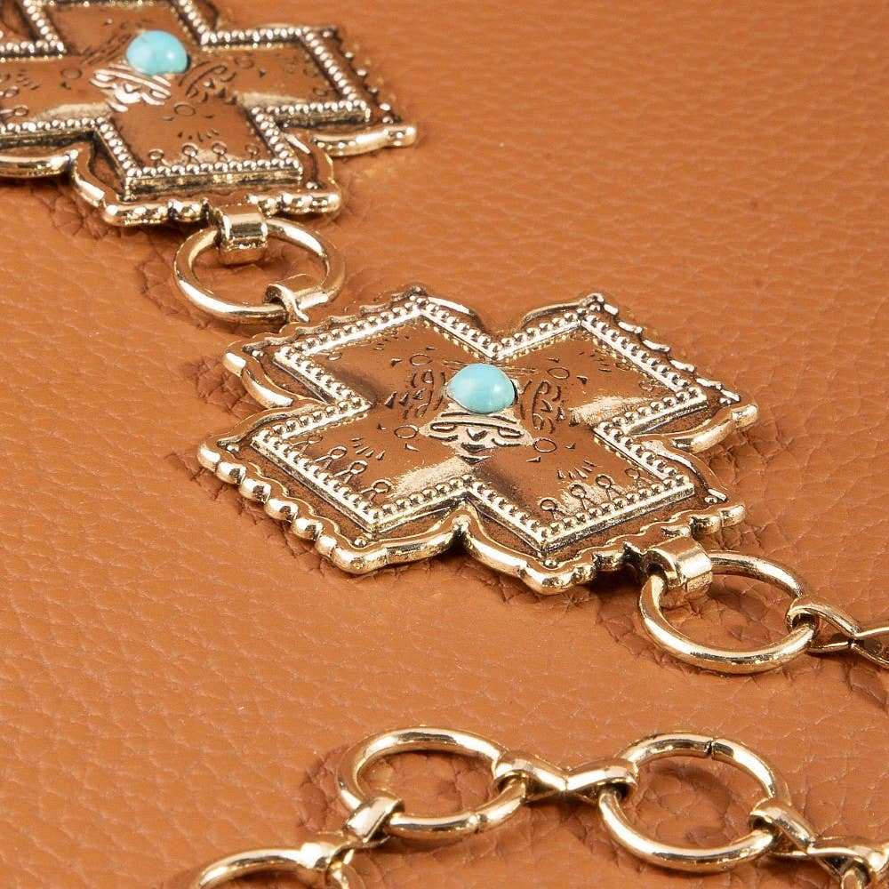 Turquoise Cross Concho Chain Belt Gold