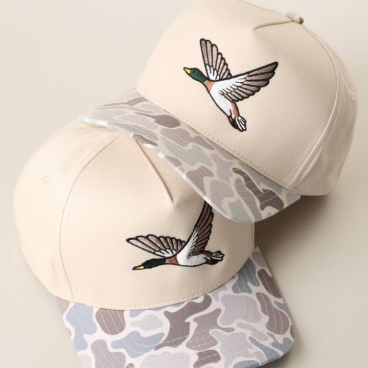 Flying Mallard Embroidered Camo Brim Trucker Hat: BEIGE