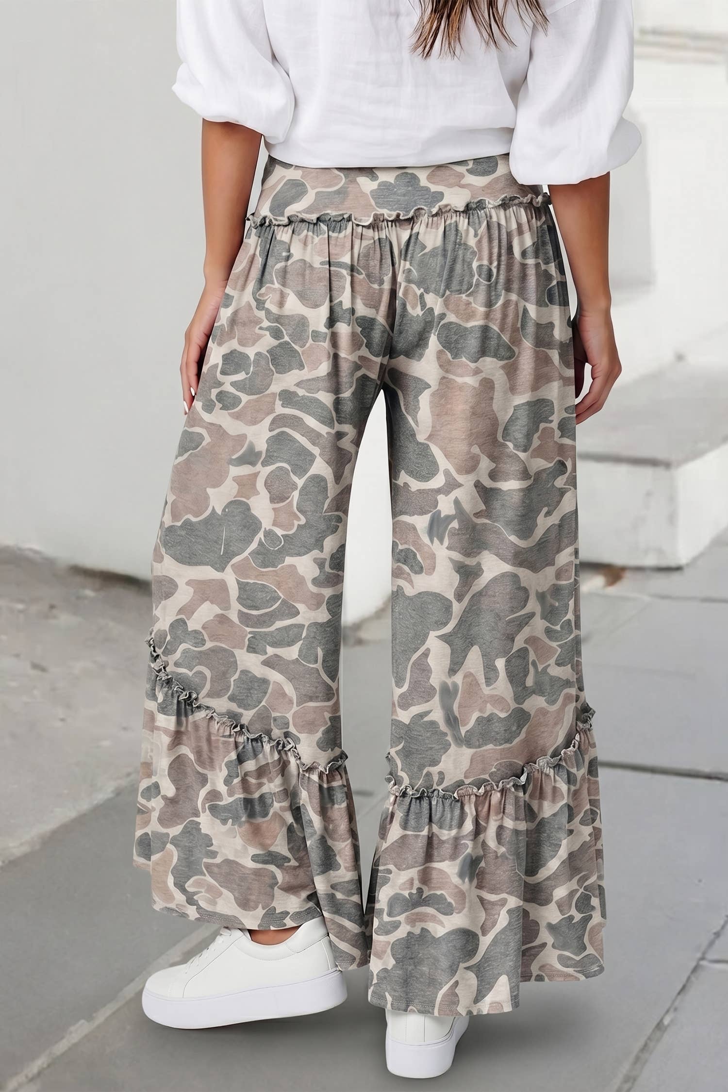 Camo Print Wide Leg Casual Pants