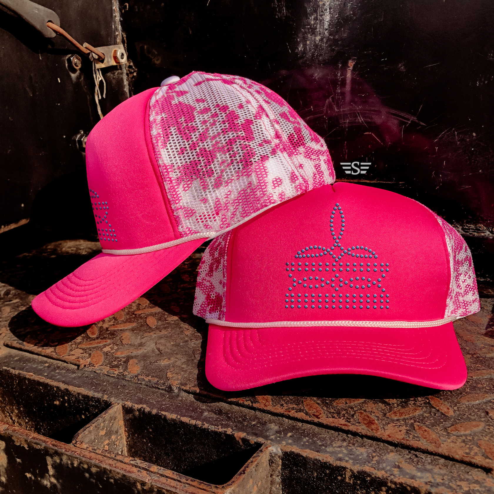 Rhinestone Boot Stitch Printed Mesh Trucker Cap: Pink Cow / Black