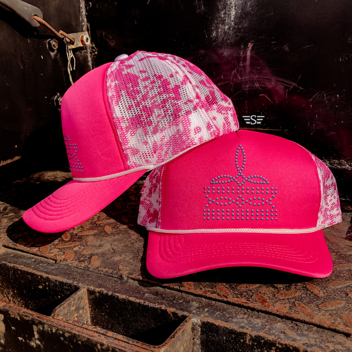Rhinestone Boot Stitch Printed Mesh Trucker Cap: Pink Cow / Black