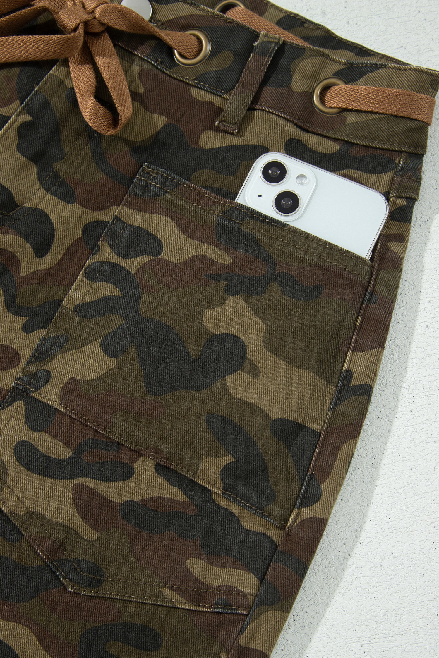 Multicolour Camouflage Print Retro Grommet Tie Waist Loose Jeans