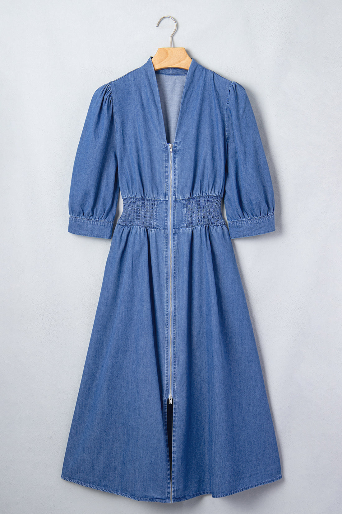 Blue V Neck Shirred Waist Metal Zipper Denim Midi Dress