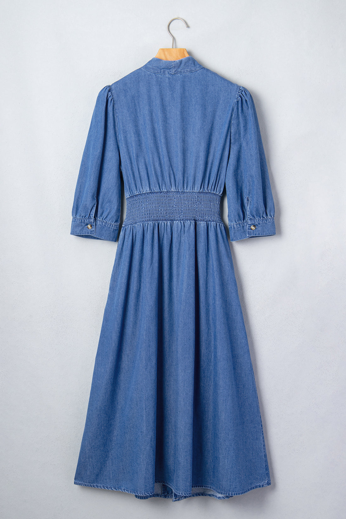 Blue V Neck Shirred Waist Metal Zipper Denim Midi Dress
