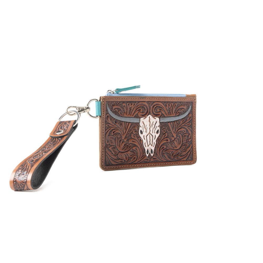 Dark Brown Tooled Leather Slim Card Holder With Cactus Design And ID Window