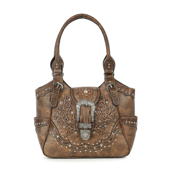 Western Buckle Design Embroidered Shoulder Bag: Brown