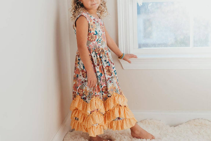 Kids Retro Butter Floral 3 Ruffle Dress