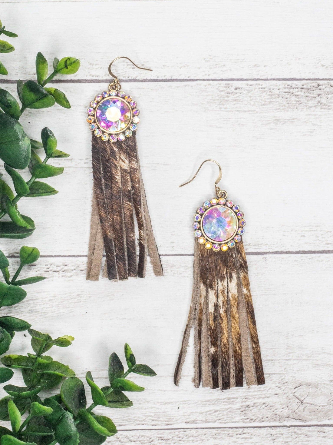 Texas Chica Floral Iridescent Cowhide Fringe Earrings: Cowhide / One Size