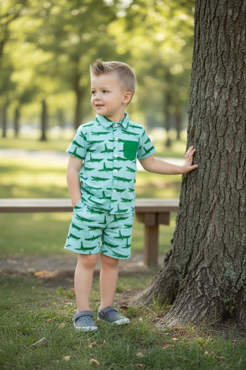 Cute crocodile printed on blue button up shirt and matching shorts