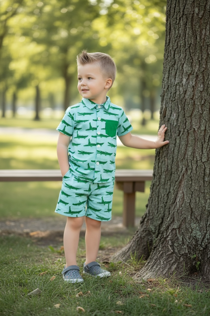 Cute crocodile printed on blue button up shirt and matching shorts