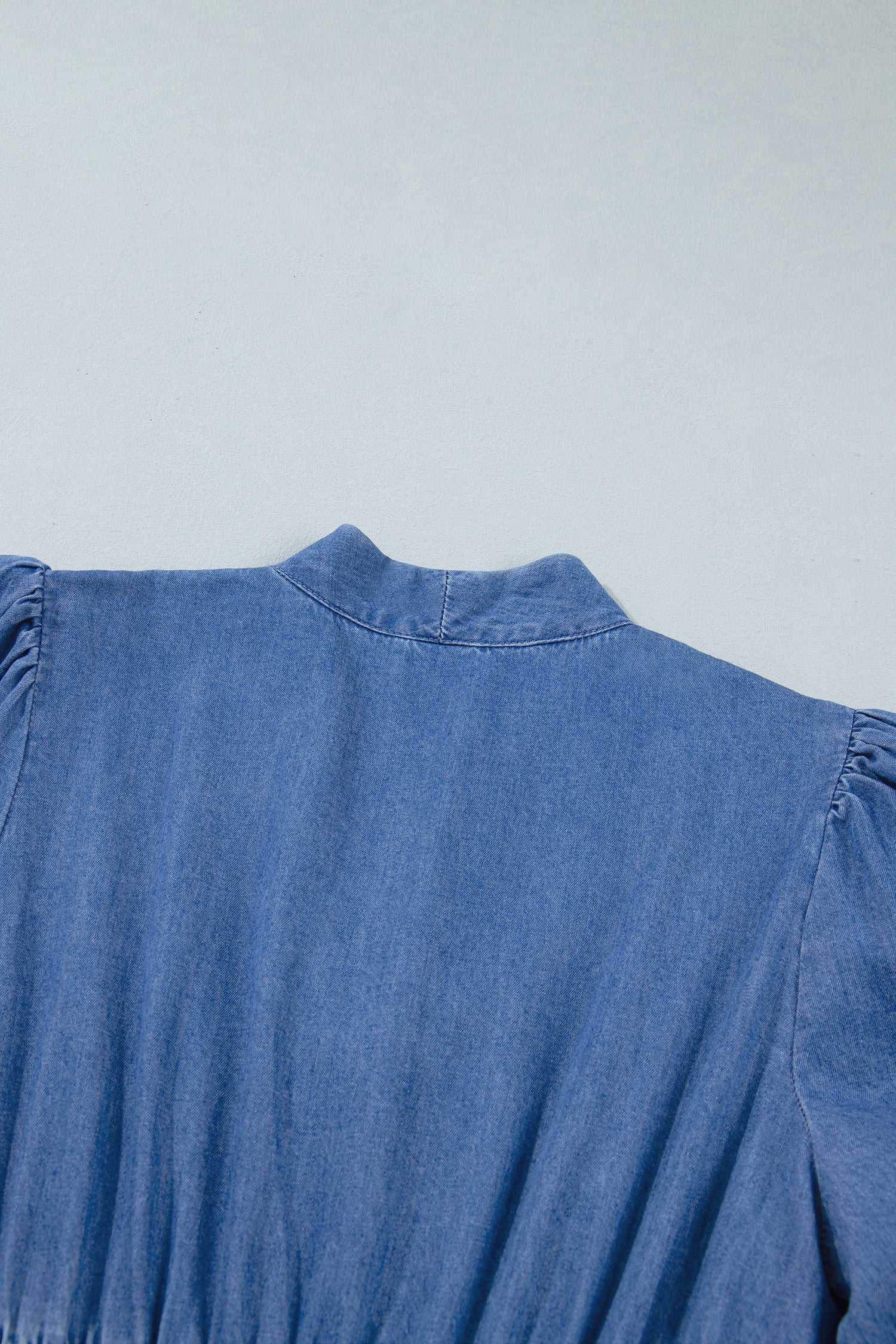 Blue V Neck Shirred Waist Metal Zipper Denim Midi Dress