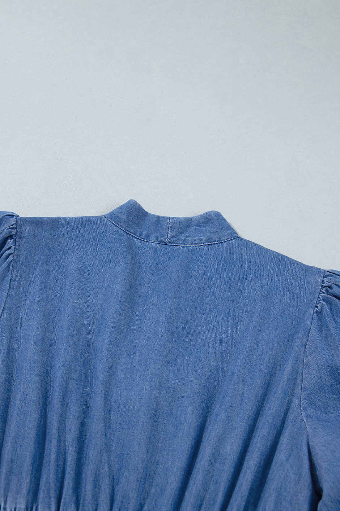 Blue V Neck Shirred Waist Metal Zipper Denim Midi Dress