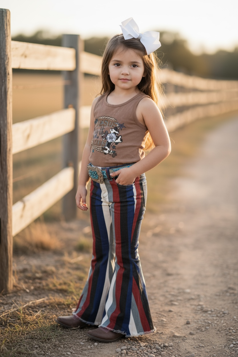 Multi-color stripe printed bootcut denim pants