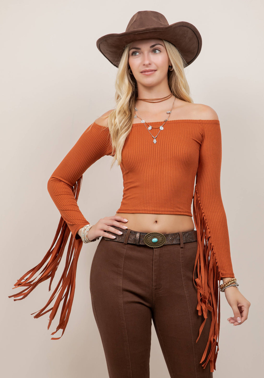 RUST FRINGE SLEEVE OFF THE SHOULDER TOP
