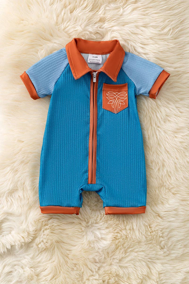 Ribbed fabric blue romper with a front pocket & back pockets