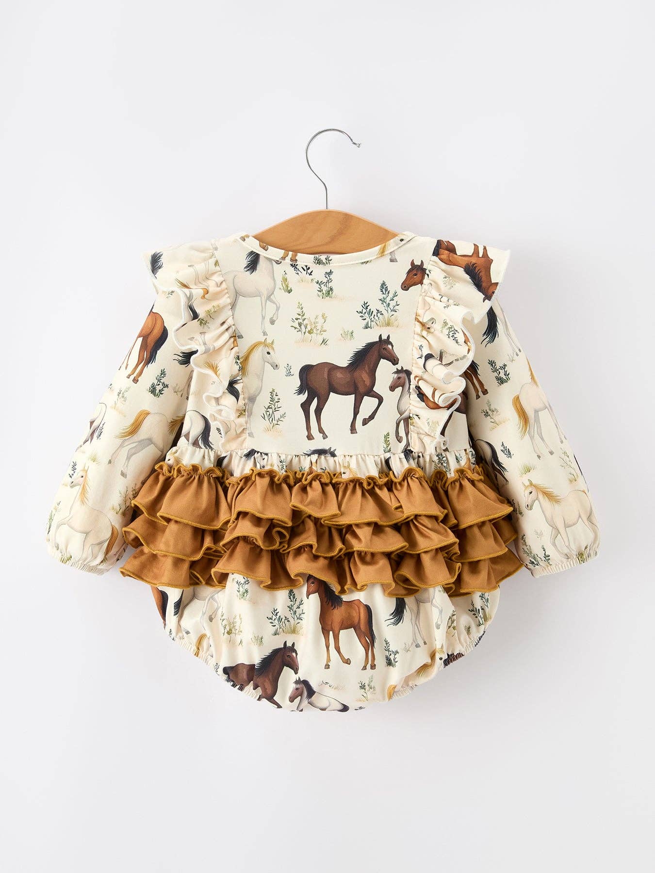 Western Horse Print Girls Long Sleeve Romper With Bow Ruffle