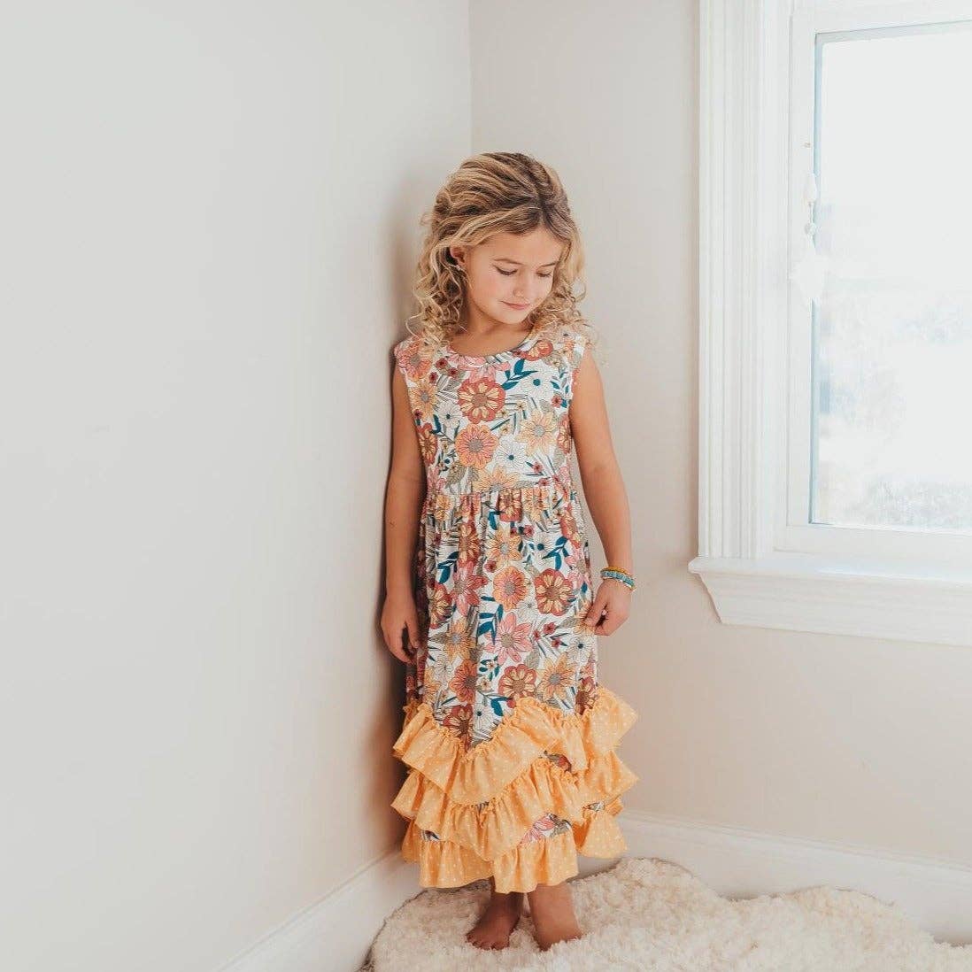 Kids Retro Butter Floral 3 Ruffle Dress