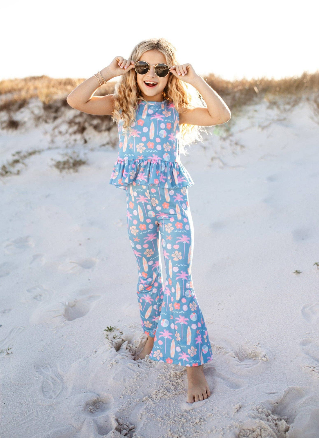 Kids Dusty Blue & Pink Summer Surf Print Flare Pant Set: 2