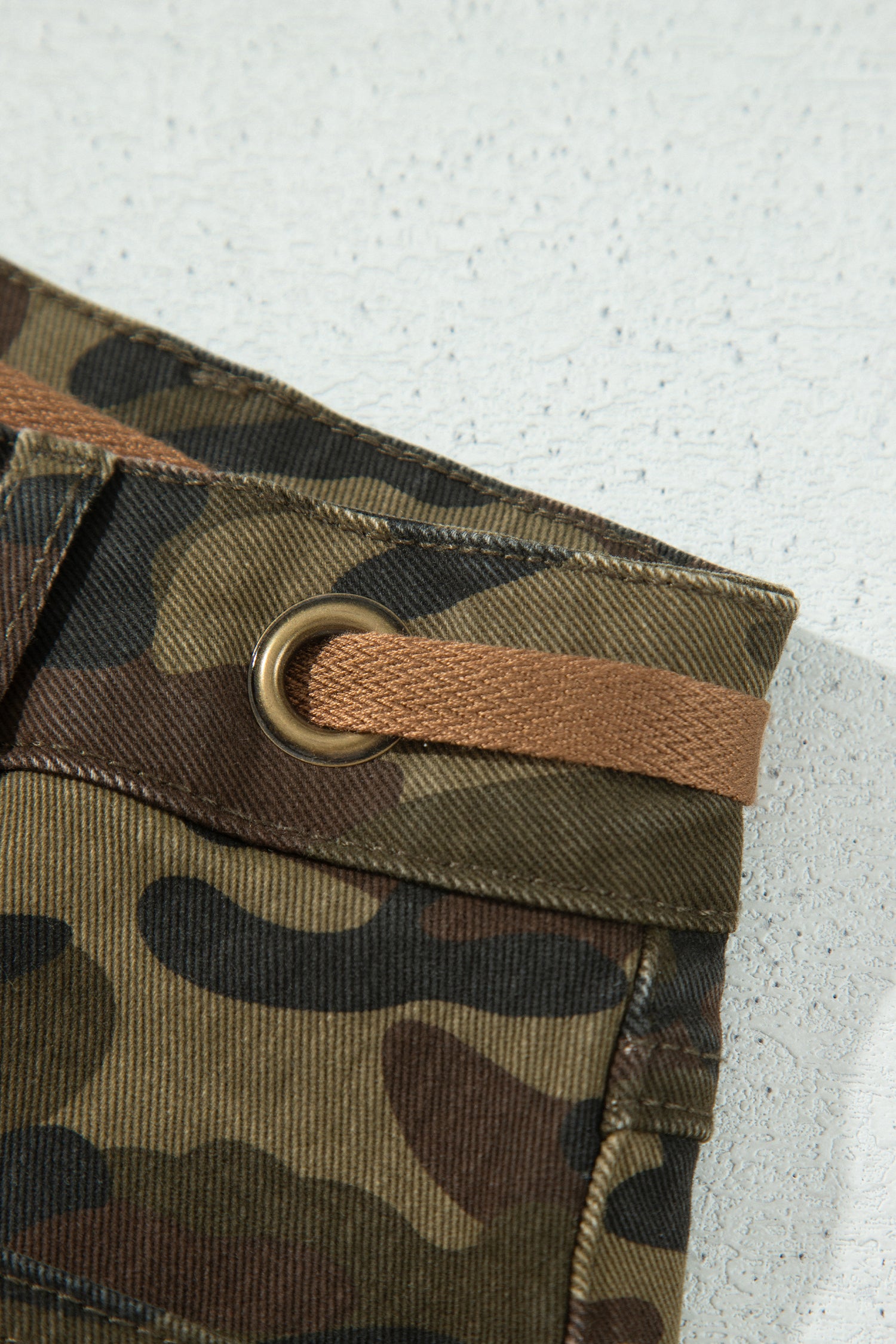 Multicolour Camouflage Print Retro Grommet Tie Waist Loose Jeans